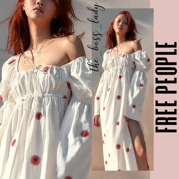 Free People dress maxi embroidered cotton linen color white/red size small NWOT - Picture 4 of 12